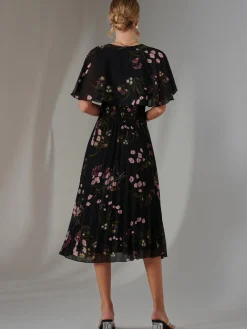Floral Print Chiffon Pleated Dress, Black Pink Floral