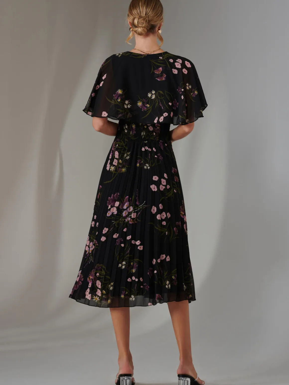 Floral Print Chiffon Pleated Dress, Black Pink Floral