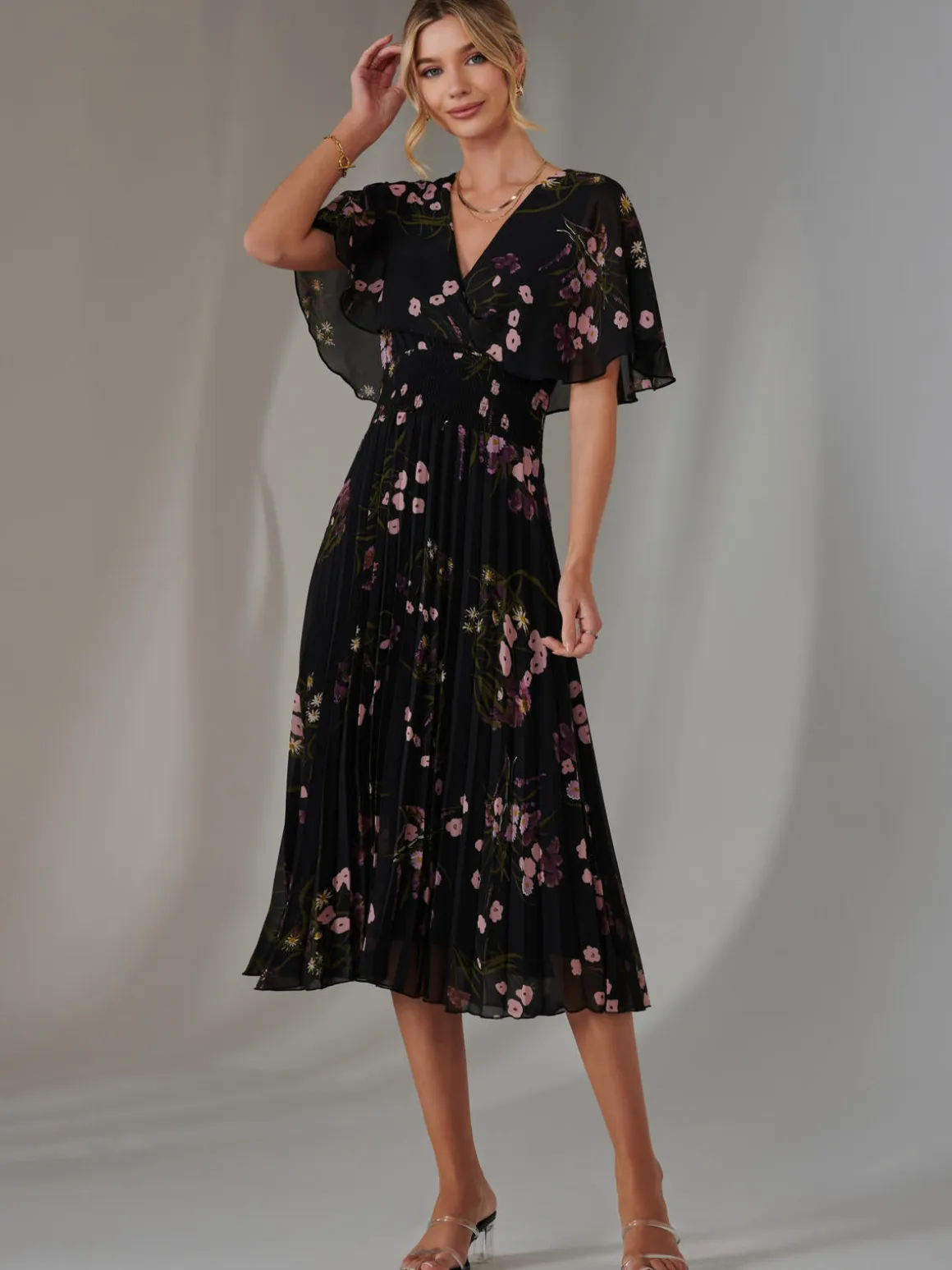Floral Print Chiffon Pleated Dress, Black Pink Floral