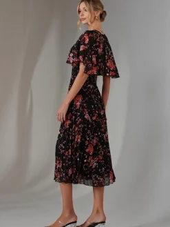 Floral Print Chiffon Pleated Dress, Black Red Floral