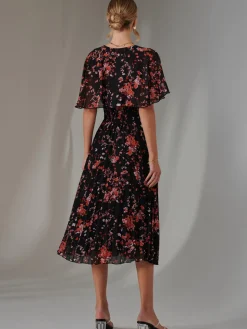 Floral Print Chiffon Pleated Dress, Black Red Floral