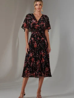 Floral Print Chiffon Pleated Dress, Black Red Floral