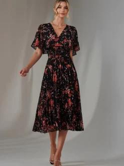 Floral Print Chiffon Pleated Dress, Black Red Floral