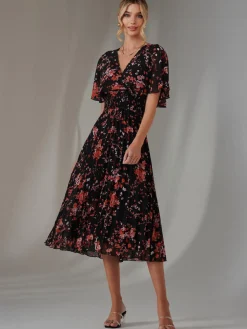 Floral Print Chiffon Pleated Dress, Black Red Floral