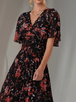 Floral Print Chiffon Pleated Dress, Black Red Floral