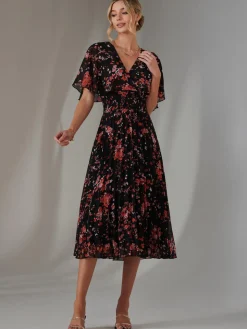 Floral Print Chiffon Pleated Dress, Black Red Floral