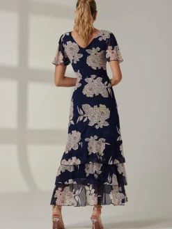Floral Printed Tiered Maxi Dress, Navy Floral