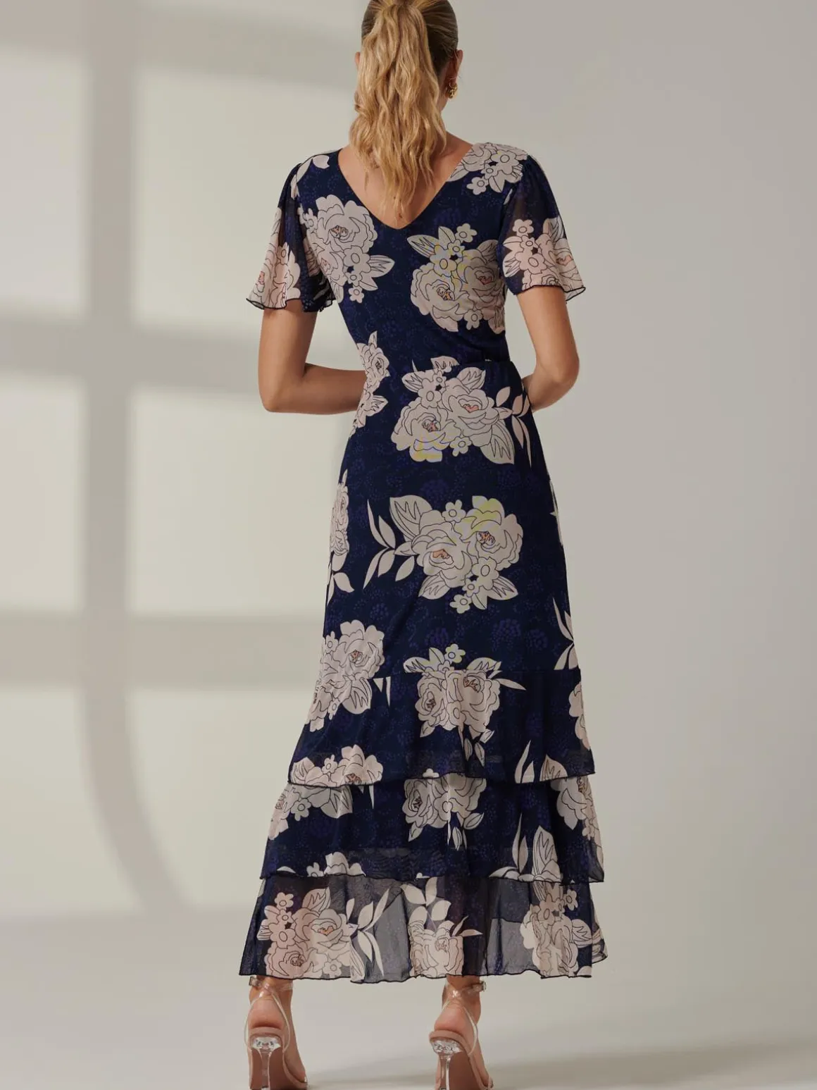 Floral Printed Tiered Maxi Dress, Navy Floral