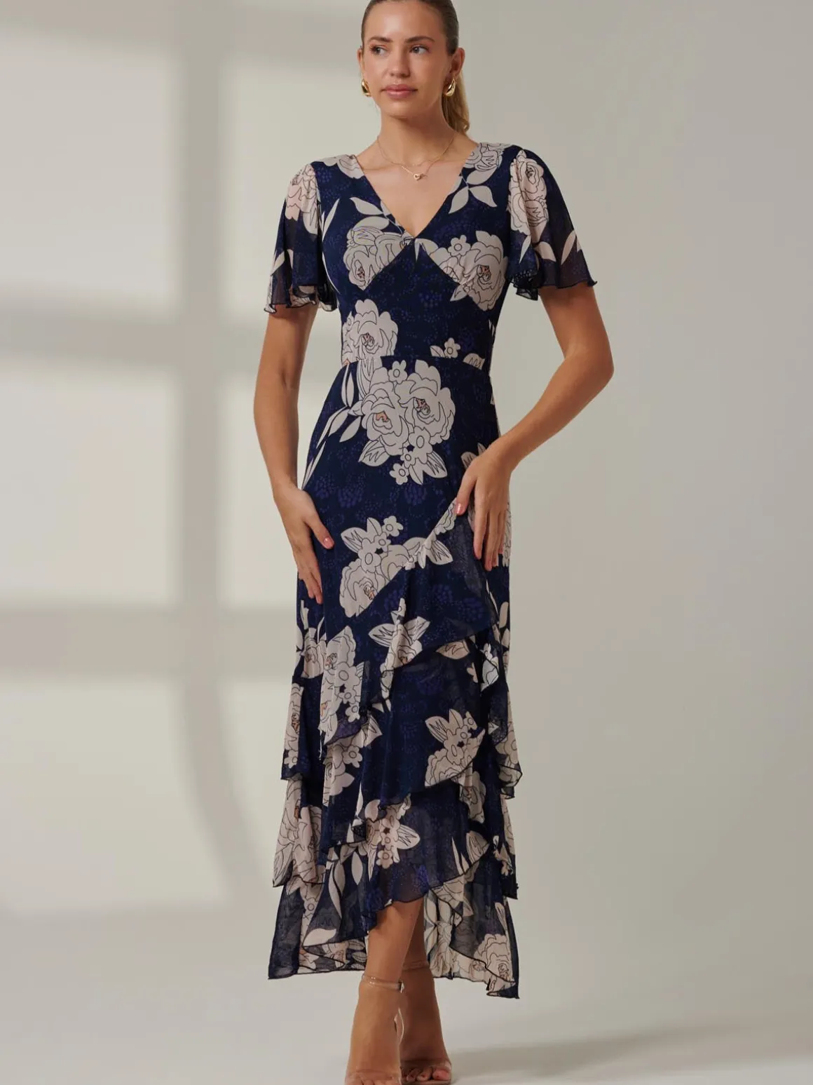 Floral Printed Tiered Maxi Dress, Navy Floral