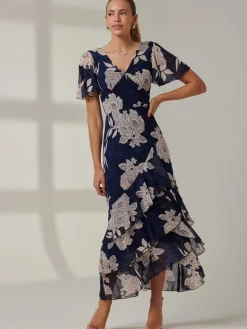 Floral Printed Tiered Maxi Dress, Navy Floral