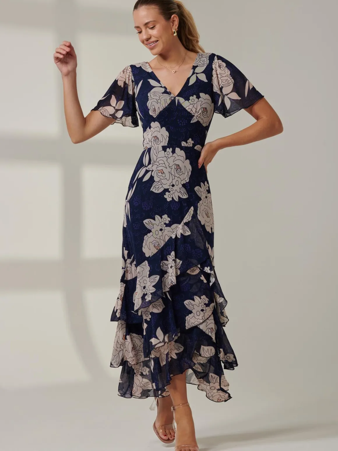 Floral Printed Tiered Maxi Dress, Navy Floral