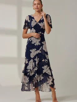 Floral Printed Tiered Maxi Dress, Navy Floral