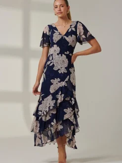 Floral Printed Tiered Maxi Dress, Navy Floral