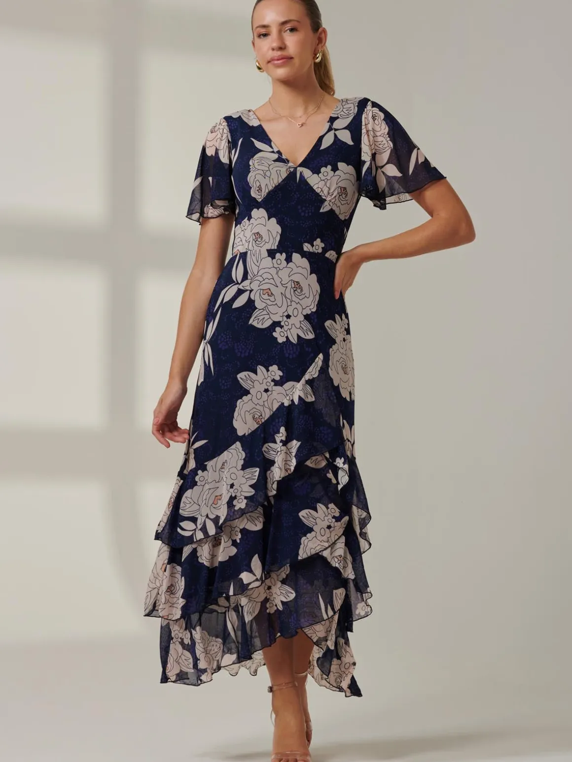 Floral Printed Tiered Maxi Dress, Navy Floral