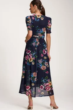 Floral Print Mesh Maxi Dress, Navy