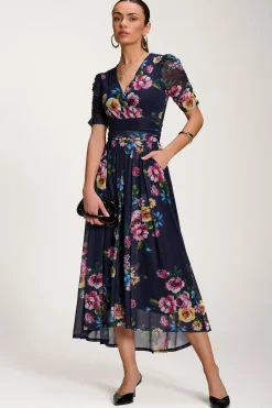 Floral Print Mesh Maxi Dress, Navy