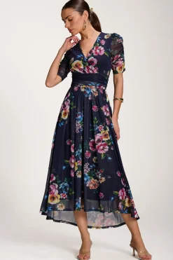 Floral Print Mesh Maxi Dress, Navy