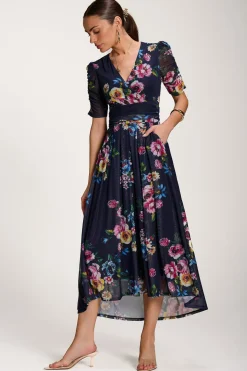 Floral Print Mesh Maxi Dress, Navy