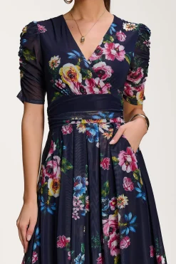 Floral Print Mesh Maxi Dress, Navy