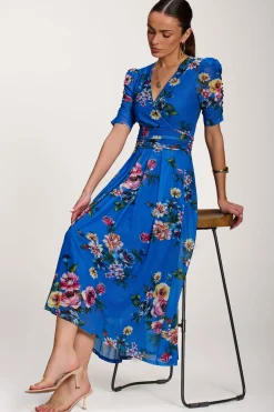 Floral Print Mesh Maxi Dress, Royal Blue