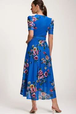 Floral Print Mesh Maxi Dress, Royal Blue