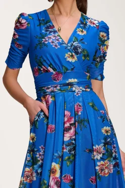 Floral Print Mesh Maxi Dress, Royal Blue