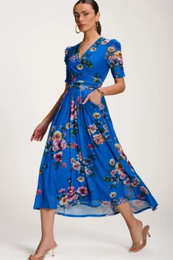 Floral Print Mesh Maxi Dress, Royal Blue