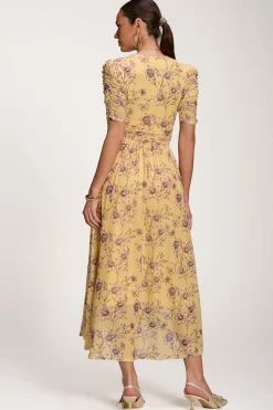 Floral Print Mesh Maxi Dress, Yellow Floral