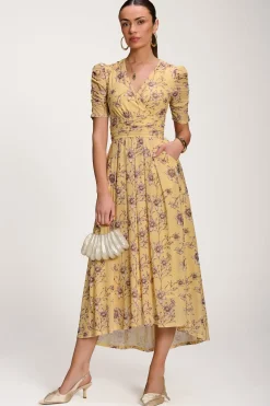 Floral Print Mesh Maxi Dress, Yellow Floral