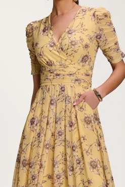 Floral Print Mesh Maxi Dress, Yellow Floral