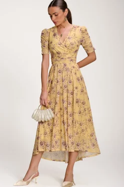Floral Print Mesh Maxi Dress, Yellow Floral
