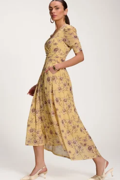 Floral Print Mesh Maxi Dress, Yellow Floral