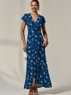 Floral Ruffle Hem Maxi Dress, Teal Floral