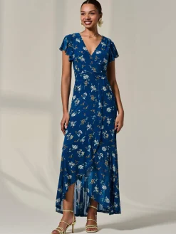 Floral Ruffle Hem Maxi Dress, Teal Floral