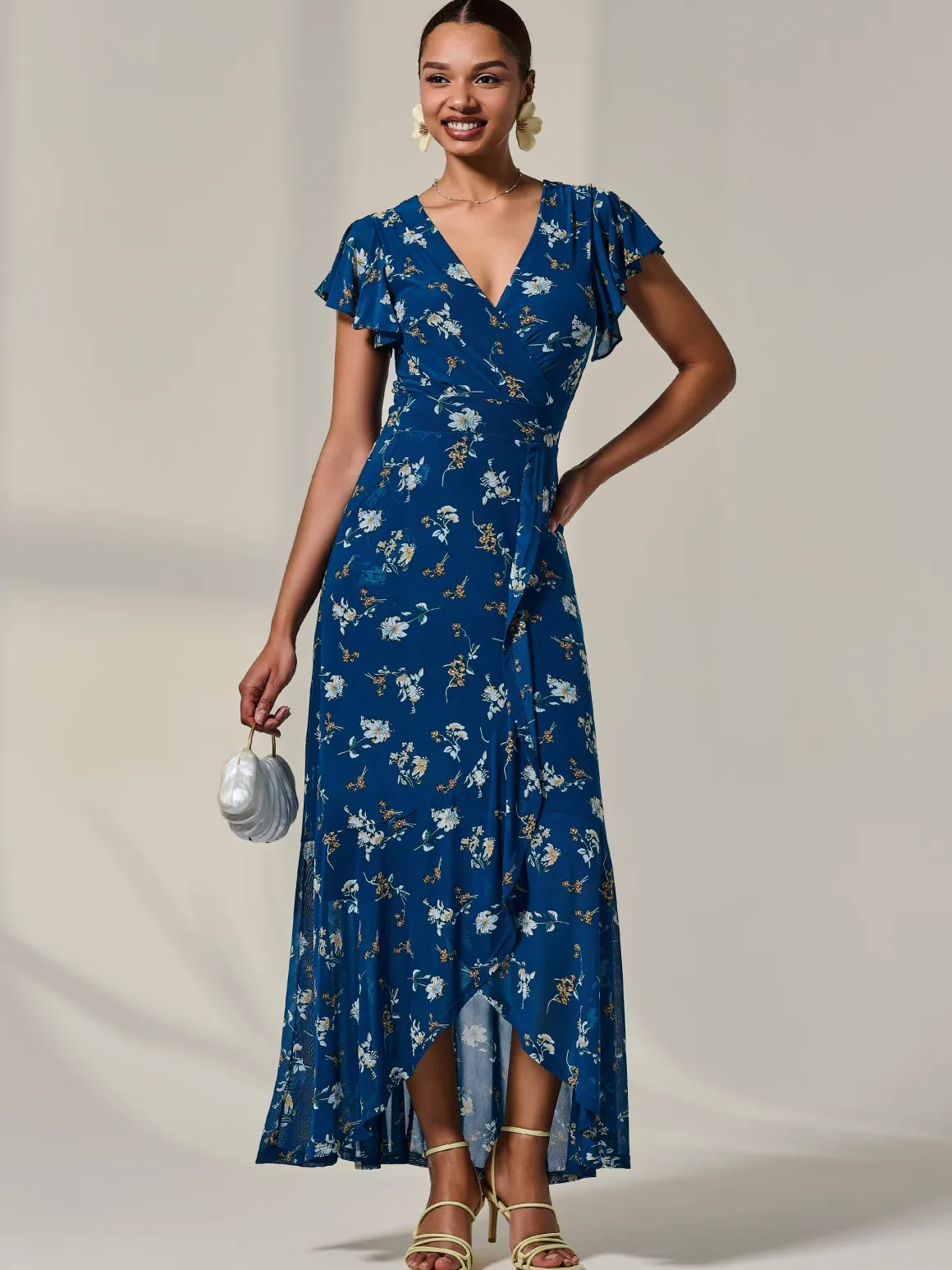 Floral Ruffle Hem Maxi Dress, Teal Floral
