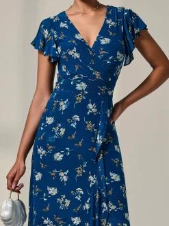Floral Ruffle Hem Maxi Dress, Teal Floral