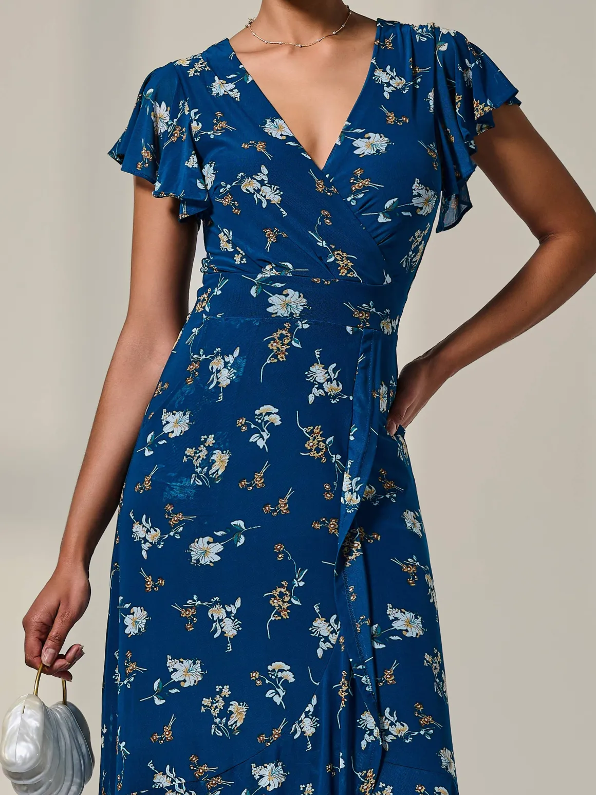 Floral Ruffle Hem Maxi Dress, Teal Floral