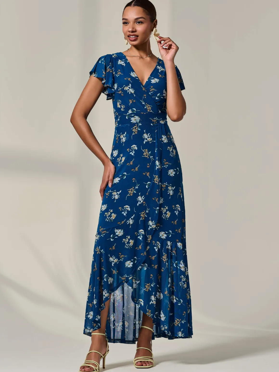Floral Ruffle Hem Maxi Dress, Teal Floral