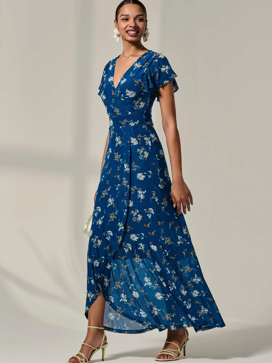 Floral Ruffle Hem Maxi Dress, Teal Floral