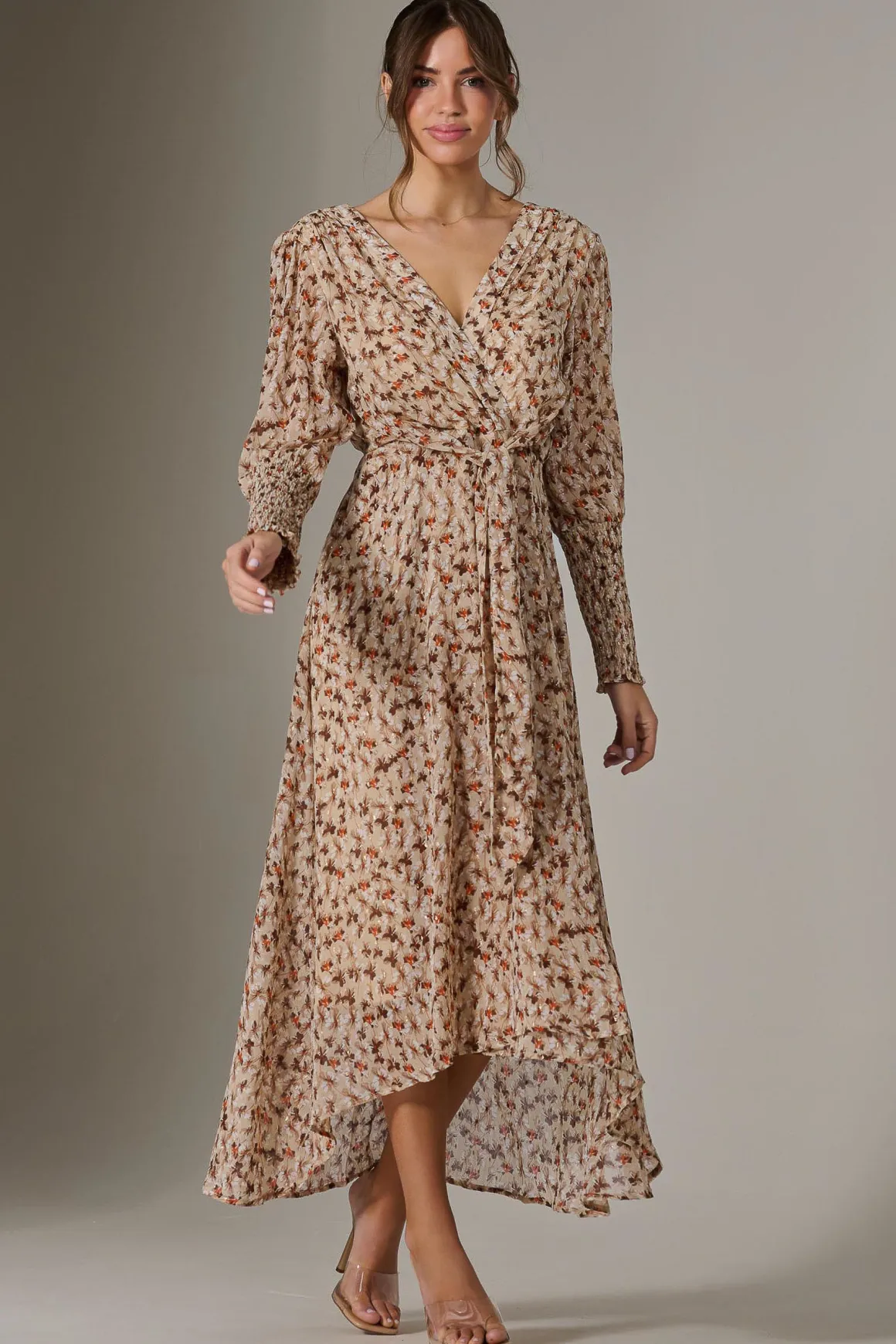 Floral Tie Up Maxi Dress, Brown Floral