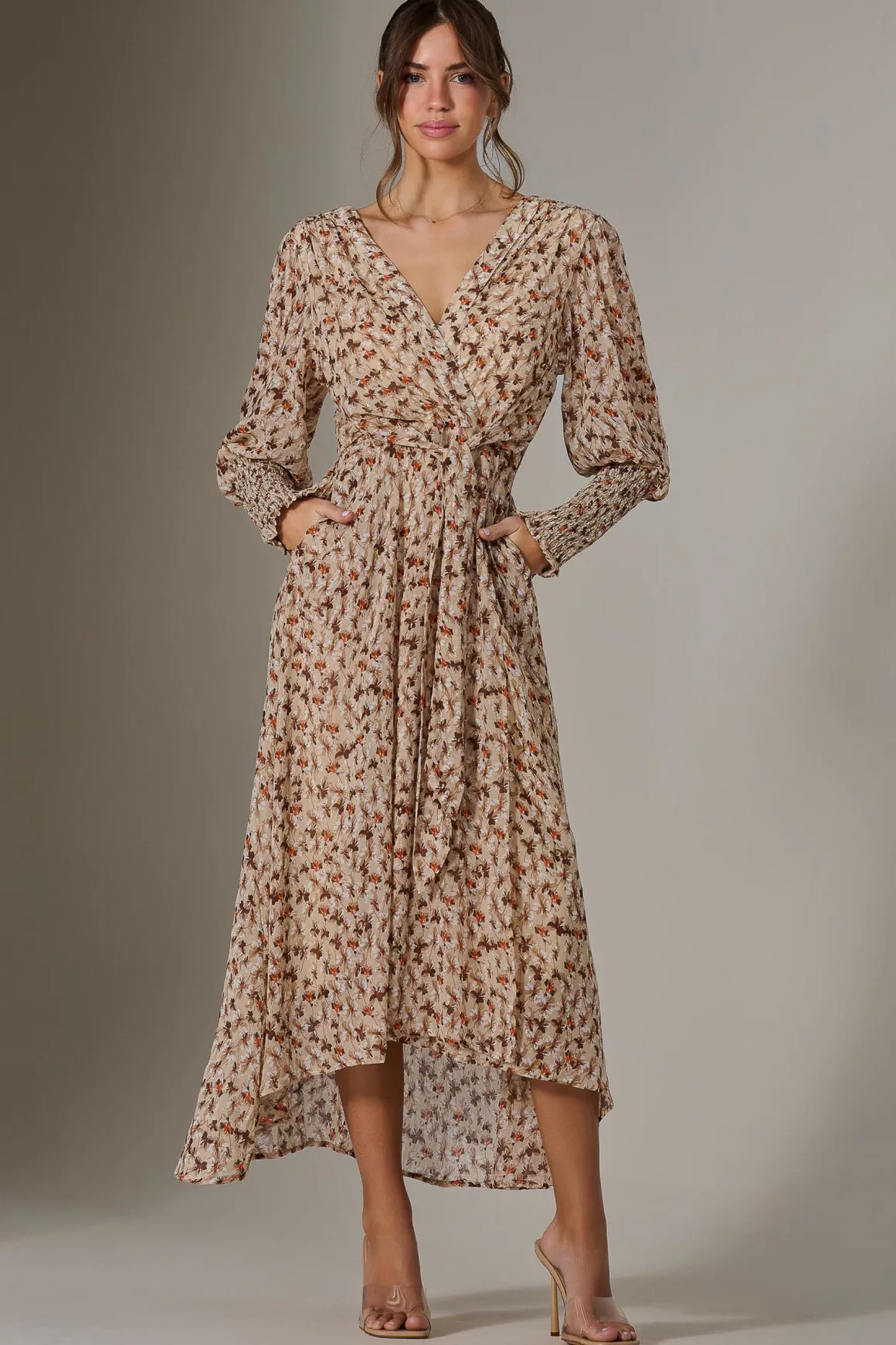 Floral Tie Up Maxi Dress, Brown Floral