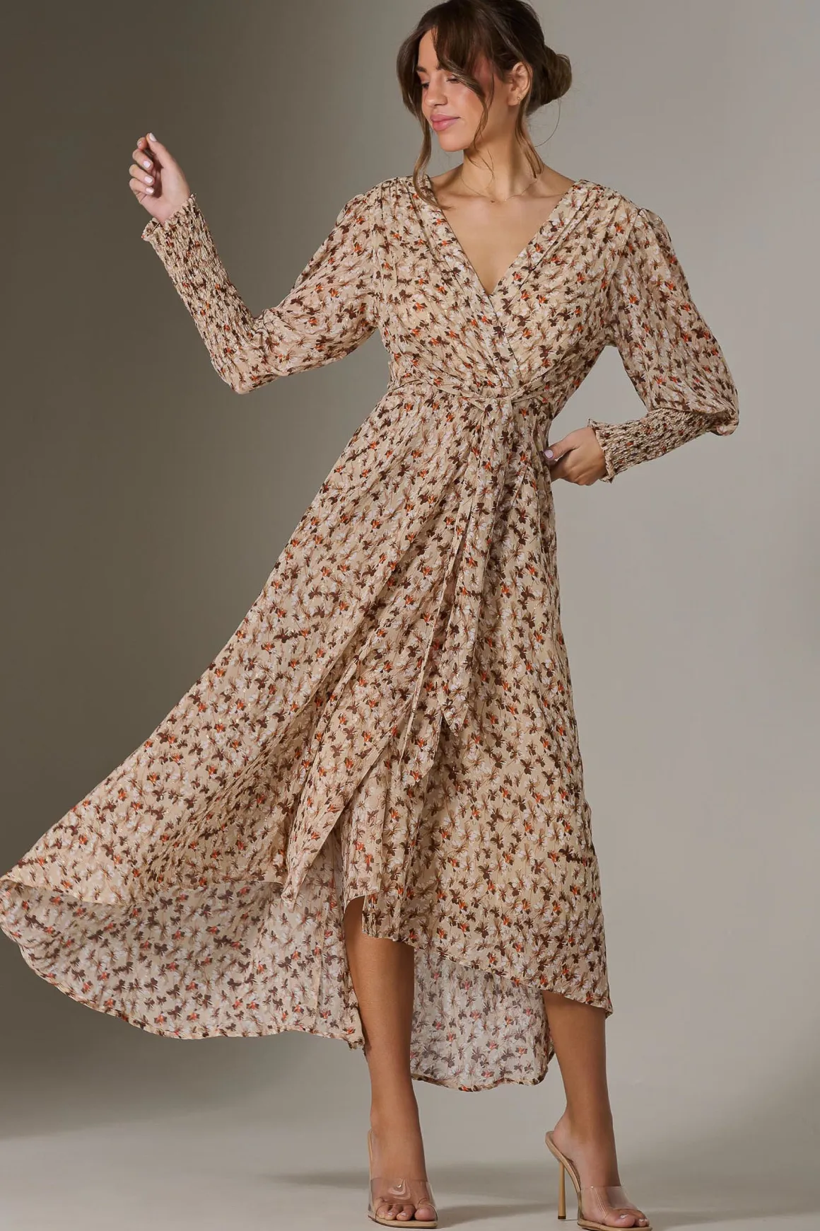 Floral Tie Up Maxi Dress, Brown Floral