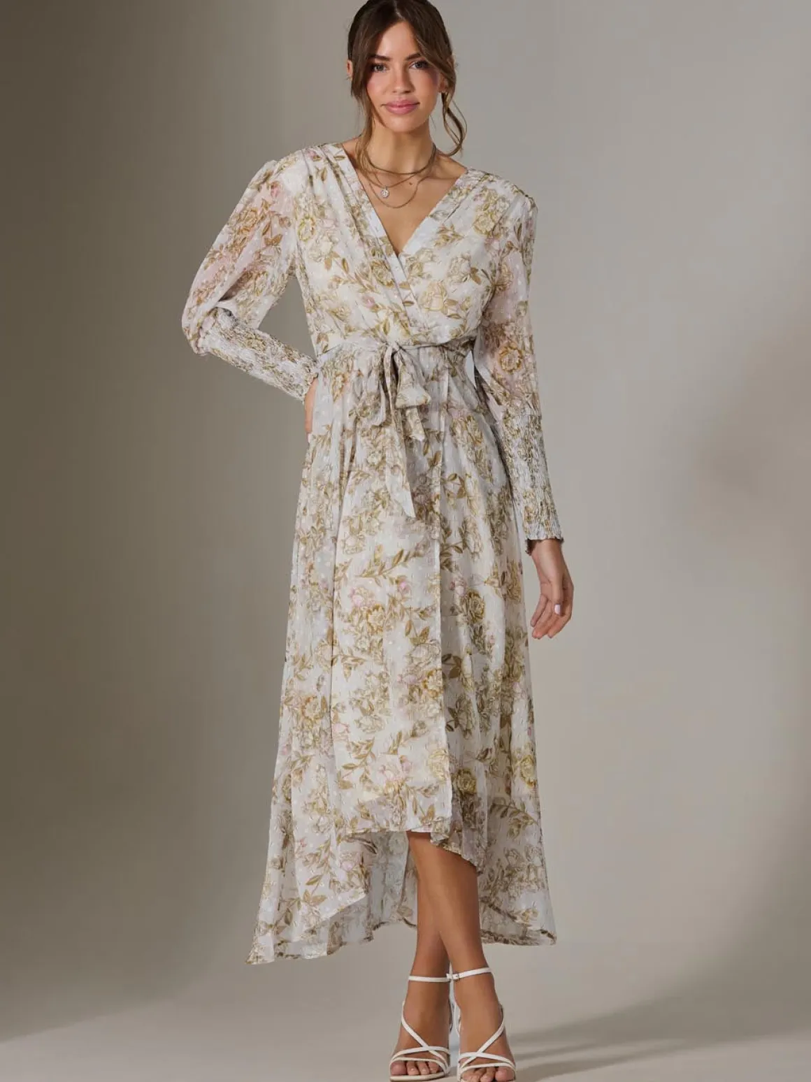 Floral Tie Up Maxi Dress, Cream Floral