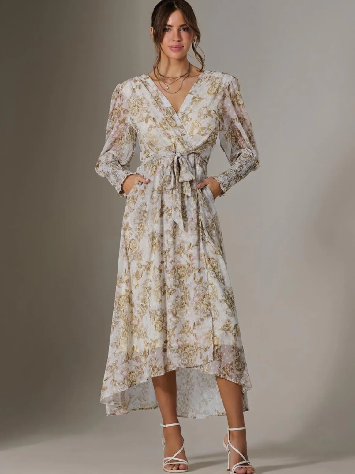 Floral Tie Up Maxi Dress, Cream Floral