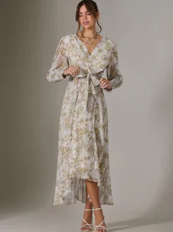 Floral Tie Up Maxi Dress, Cream Floral