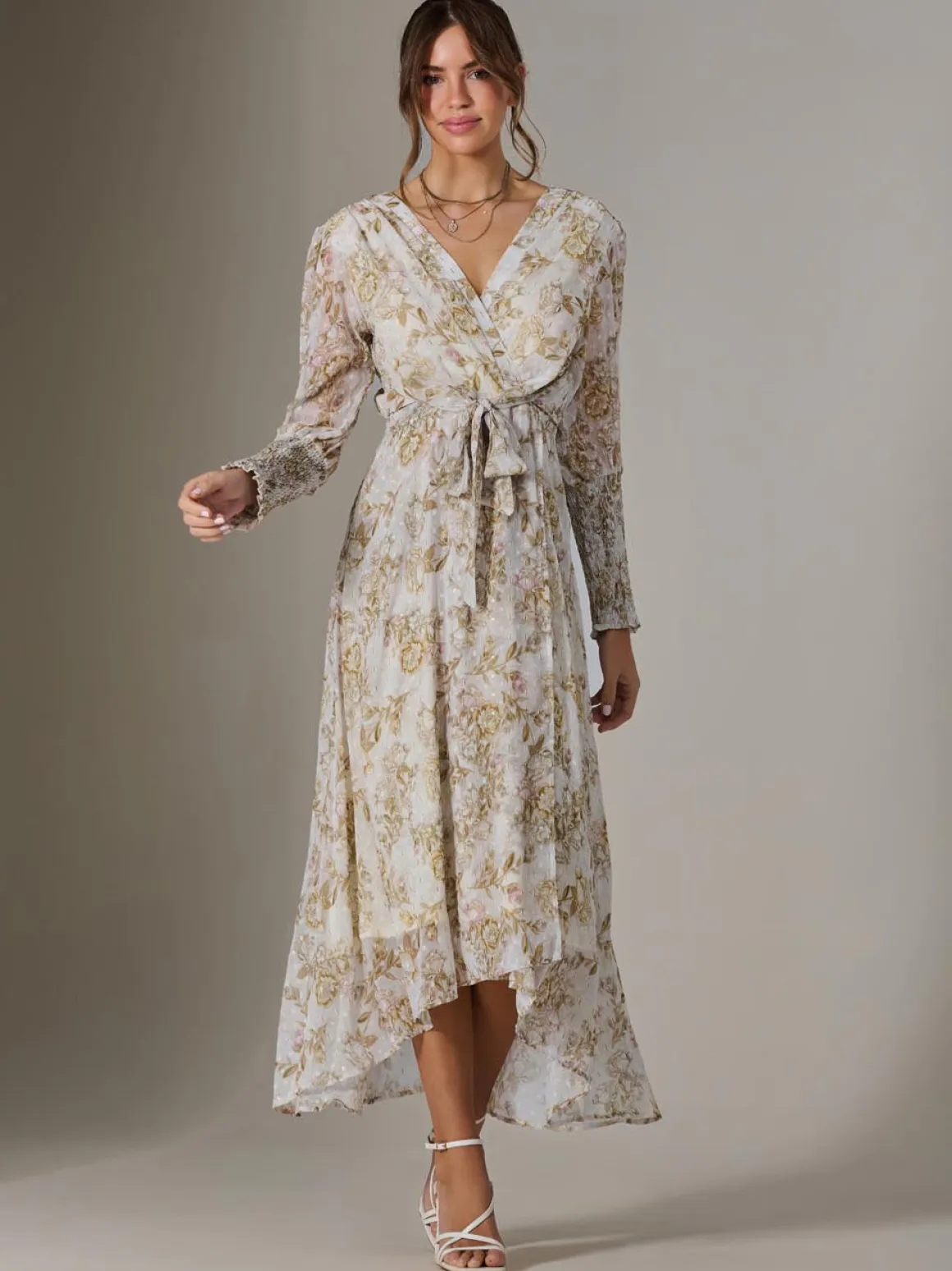 Floral Tie Up Maxi Dress, Cream Floral