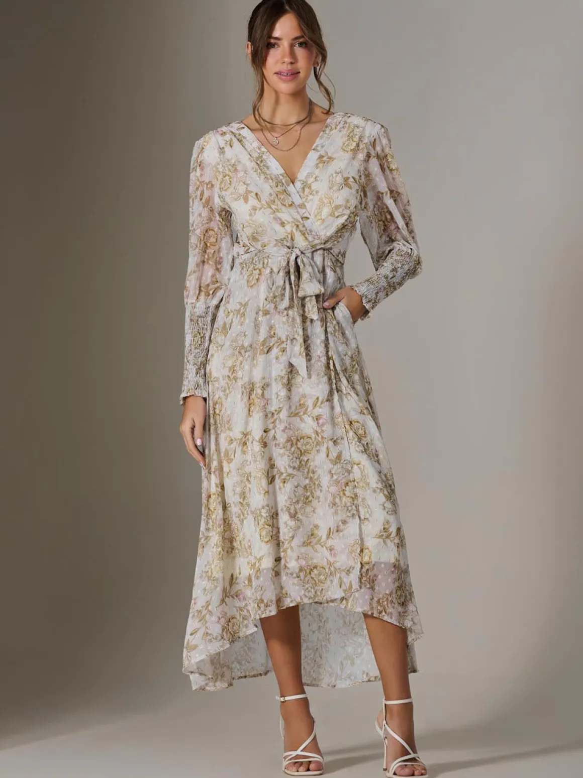 Floral Tie Up Maxi Dress, Cream Floral