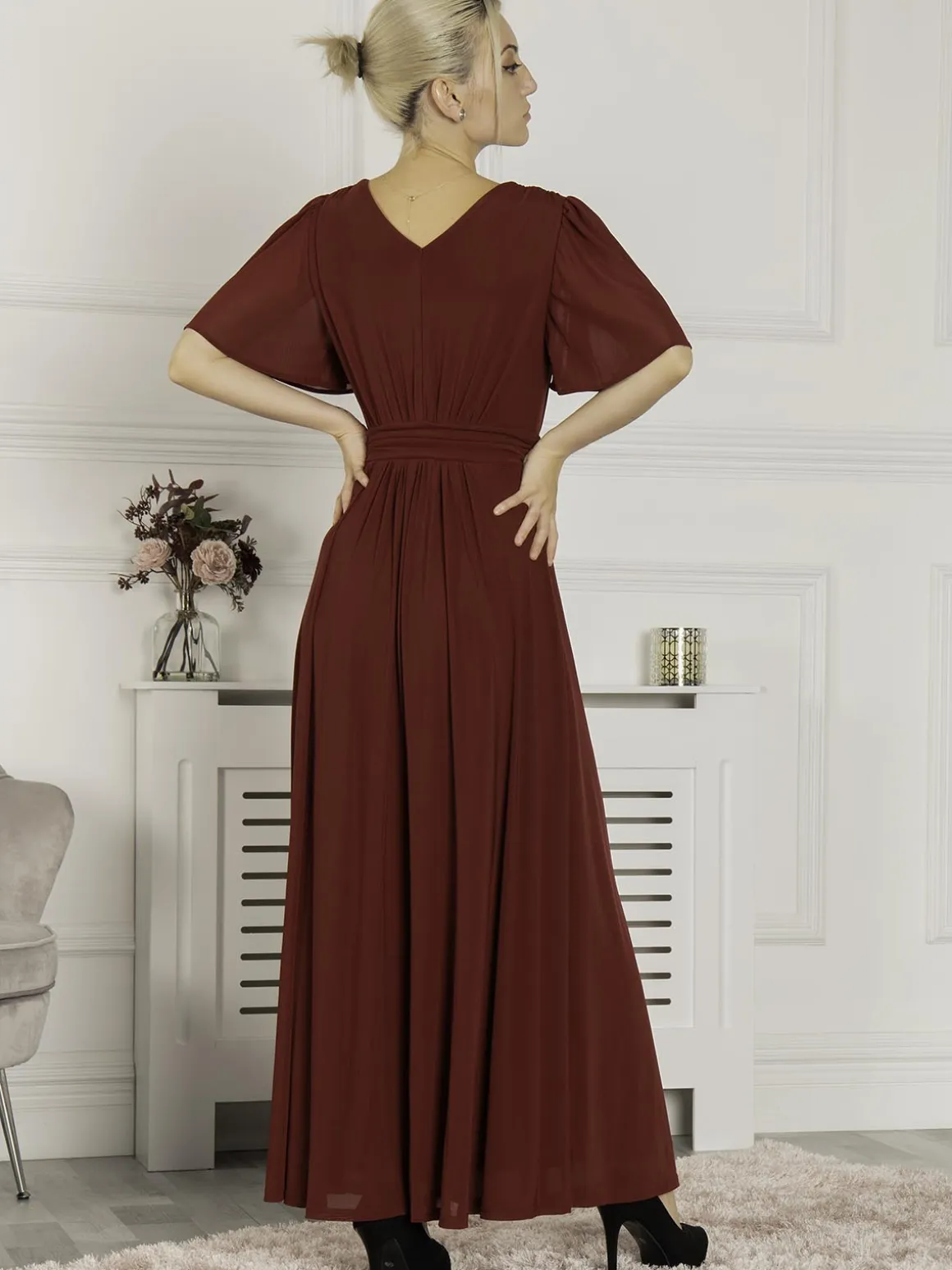 Flute Sleeve Mesh Maxi Dress, Burgundy