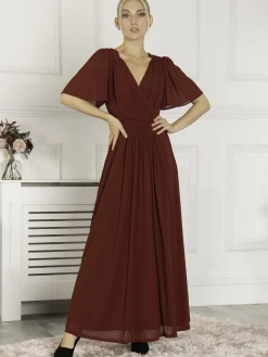 Flute Sleeve Mesh Maxi Dress, Burgundy