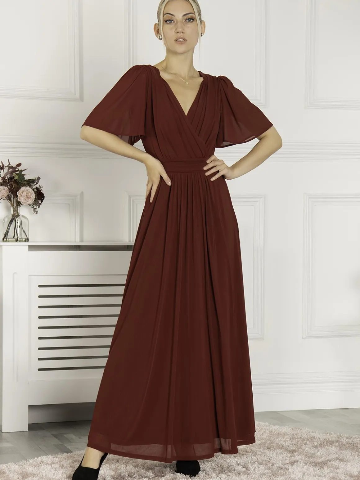 Flute Sleeve Mesh Maxi Dress, Burgundy